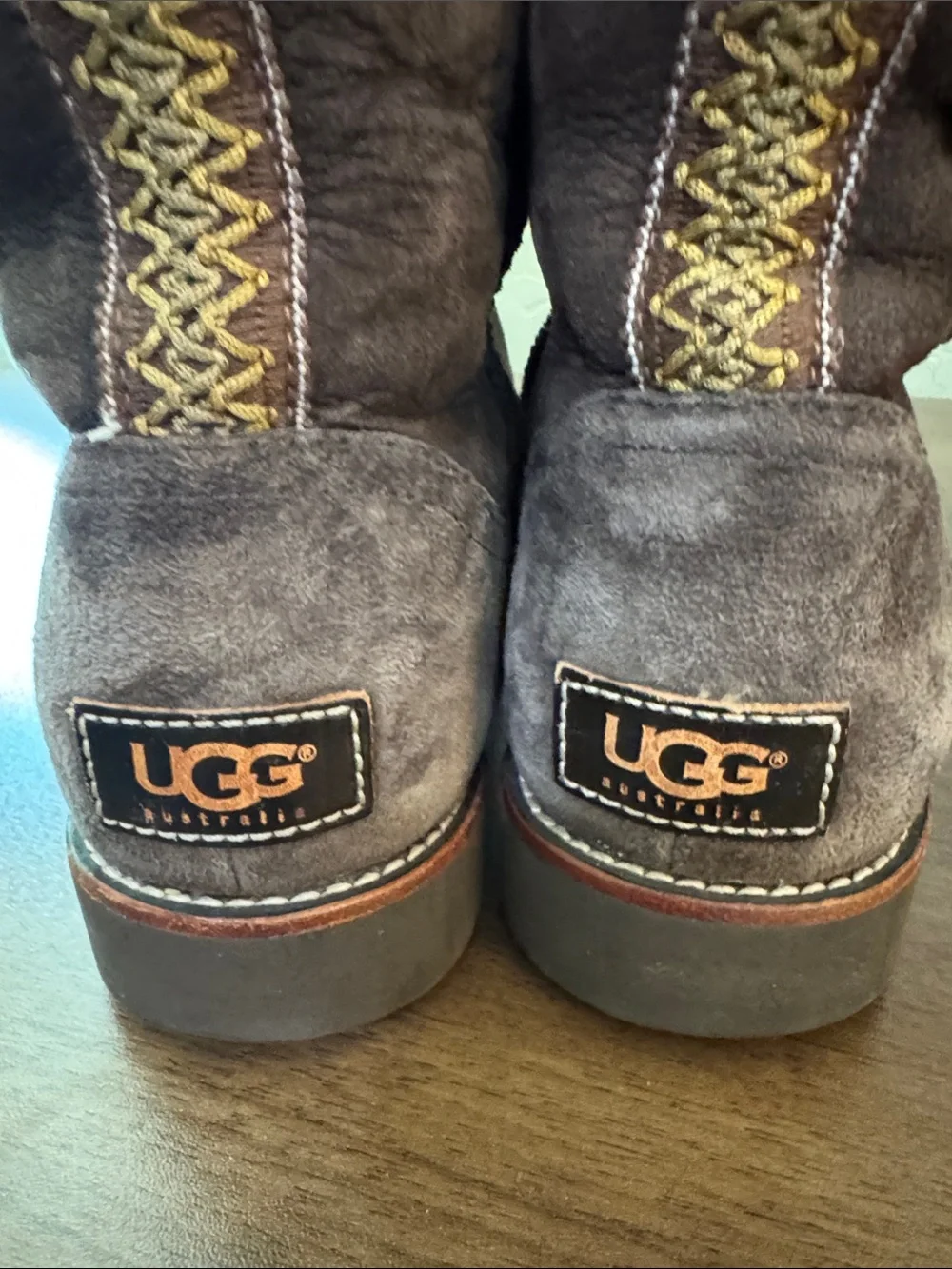 UGG Chocolate Embroidered Suede Shearling-Lined Mid-Calf Boot, Sz. 9